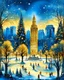 Placeholder: imagine an Art Deco style watercolor painting with gold foil applied to buildings. image of a Winter Park with a frozen pond, a Christmas tree, ice skaters, in foreground. background shows a cityscape with dark blue buildings accents with gold foil and One building is entirely gold foil. Christmas vibes, festive, elegant styling. MY PROMPT ABOVE. I used Microsoft Designer to create these images. I love how they turned out!