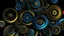 Placeholder: Gears with interlocking sprockets, in shades of cobalt, slate and sky blue and on a black background, make up an abstract horizontal composition. Circles and straight and curved lines are grouped around and over the gears, and are drawn in metallic gold against the dark background, but continue in black where the gears intersect.