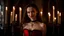 Placeholder: Professional and very high quality photo portrait of beautiful slender caucasian young teenage girl with red lipstick. She has long dark brown hair. She has a small bosom. She is wearing a red satin corset and a dainty choker. She is in a dark castle at night lit by small candles. She smiles directly at the viewer.
