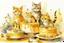 Placeholder: beautiful composition, cat birthday party with cake, watercolor and ink, golden glitters in ochre in sunshine