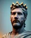 Placeholder: Gran angular, Realistic image, roman sculpture buste, marble deluxe material, Lionel Messi, gold Laurel crown model, miguel angel style, emperador, God light, god rays, 4k resolution, smooth details, ornate details, soft lighting, unreal engine 5, soft cyan background.