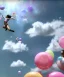 Placeholder: Ultra realistic speed clouds sky scene, wide angle view, sweet childs falling down, inflatable color clothing, free jumping flying, many trinkets, hair monster, many jelly beans, balls, color smoke, smile, happy, circus style, extreme, wind, clouds sea, 20,000 feet altitude, stratosphere, soft color, highly detailed, unreal engine 5, ray tracing, RTX, lumen lighting, ultra detail, volumetric lighting, 3d, finely drawn, high definition, high resolution.