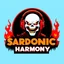 Placeholder: abstract logo for rock band orange text "SARDONIC HARMONY" in a futuristic robotic font, sinister evil marshmallow head with headphones and red flames, horror, black negative space, by Petros Afshar