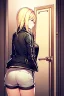 Placeholder: blonde girl with short jacket and shorts runs in a corridor in front at a mystery door, back view, line arts, manga style