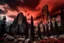 Placeholder: mountains, a gloomy rocky landscape, cypresses stretching up in the foreground, rocks and a bloody sky in the background