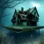 Placeholder: Abandoned house, overgrown, partially submerged,