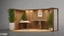 Placeholder: Corner exhibition stand in light colors with wood elements and greenery with two meeting areas