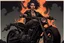 Placeholder: scarred cyberpunk vampire girl with tribal tattoos short curly cyberpunk hair riding a black cafe racer motorcycle in a post apocalyptic wasteland on fire