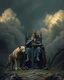Placeholder: Bosch painting style, nightmare , the king with a sword sitting on a throne with two wolves , great quality picture with cinematic scenes , heavy clouds in the background