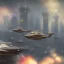 Placeholder: Steampunk scene of futuristic New York,galaxian fantasy airships flying over San Francisco Bridge in a cloudy sky,Giant sci-fi super-panzer in the style of John Berkey