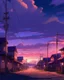 Placeholder: cidade pequena interior céu roxo anime