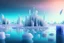 Placeholder: ice blocks, lagoon, seashore, distant futuristic city, epic, sci-fi