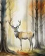 Placeholder: deer with antlers standing sideways, looking at viewer, realistic water color painted, among tall simplified tree trunks, foggy, pastels, colorful