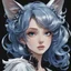 Placeholder: retro anime art style,silver and blue,a wave hair lady,ghouls,cat ear,pure black background