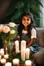 Placeholder: a young girl sitting on a couch holding a bunch of flowers, tanned ameera al taweel, hair whitebangs hair, sitting on the edge of a bed, roses and lush fern flowers, with big eyes, in a room full of candles, a microscopic photo, cute photograph, from left