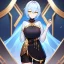 Placeholder: Clear focus, High resolution, short light blue fluffy hair, hair between eyes, yellow eyes, wearing black magma shorts, detailed outfit, blue and black outfit, gold accessory, female
