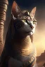 Placeholder: portrait of a cat wearing an ancient Egyptian dress, warrior, 4k, realistic, dramatic lighting, beautiful, mystery , powerful, landscape background