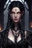 Placeholder: Young beautiful female Hexblood warlock character . Bright glowing pale eyes. Long, thick, silky jet-black hair reaching her waist, with a center part and two loose Dutch braids starting at her temples, flowing into the rest of her straight hair. A few soft strands frame her face. Thin dark vine-like markings spread across neck and collarbone as a sign of an ancient curse. Dark fantasy, realistic, cinematic, highly detailed.