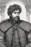 Placeholder: man, age 20, medieval, fighter, russian, croocked nose, czar, rich, simple clothes, short messy hair, thick beard, oligarch, leather coat with fur, brocade clothes, pencil drawing, black or red hair