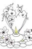 Placeholder: outline art for visually rich appealing heart ikebana orchids plumeria spa rounded stones around candles, coloring page for kids, white background, fit to page, only use outline, clean line art, no shadows, clear and well outlined