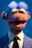 Placeholder: Waist up muppet Portrait, Vladimir Putin as muppet doll, Blue suit, photo studio, blue background, unreal engine 5, concept art, art station, god lights, ray tracing, RTX, lumen lighting, ultra detail, volumetric lighting, 3d.