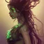 Placeholder: alien girl, cute, beautiful, long hair, curly hair, black hair, slim body, brown eyes, big eyes, green skin, turquoise dress, head and shoulders portrait, fantasy, 8k resolution concept art portrait by Greg Rutkowski, Artgerm, WLOP, Alphonse Mucha dynamic lighting hyperdetailed intricately detailed