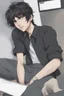 Placeholder: Anime man messy black hair realistic