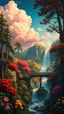 Placeholder: 3d holographic editorial photo: さよなら, scenic view of a fairytale background, forest with colorful flower blooming, waterfall, pink cloud, bridges, chiaroscuro, dramatic lighting, intricate details, scifi fairytale, surrealism, by ilya repin, by mike mignola, highly detailed oil painting, brush strokes, complex composition, warm color palette, Art by J. C. Leyendecker, John Williams Waterhouse, Tom Bagshaw, Maxfield Parrish, Ellen Segn