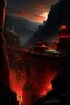 Placeholder: View of an ancient walled city sitting in a canyon as viewed from the rim of the canyon, the city is lighted by torches placed along the walls with windows high upon the wall, One window has a scarlet cord draped out reaching the ground, the sky is dark and surrealistic with planets and moons on the horizon, the rim of the canyon has armored soldiers laying in wait while 2 spies work their way down to the outside of the city wall where the scarlet cord hangs from the window above a cross