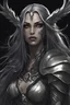 Placeholder: A female elf with skin the color of storm clouds, deep grey, stands ready for battle. Her long black hair flows behind her like a shadow, while her eyes gleam with a shiny silver light. Despite the grim set of her mouth, there's a undeniable beauty in her fierce countenance. She's been in a fight, evidenced by the ragged state of her leather armor and the red cape that's seen better days, edges frayed and torn. In her hands, she grips two swords, their blades spattered with an eerie green blood