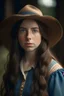 Placeholder: A girl with long dark brown hair, with a straw hat on her head, blue eyes, dressed in farm clothes