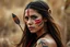 Placeholder: indigenous amazon woman, beautiful woman, young, warrior, tattooed face, red strip ainted eyes, long hair, wind, feather, arrow