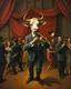 Placeholder: Bosch painting style ,nightmare, a a man with a face of a cow wearing a suit and playing the trumpet standing on stage and people are dancing