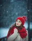 Placeholder: Cute girl in red hat and scarf, snowfall in the background, night