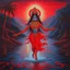 Placeholder: An oil painting of goddess Kali crossing a lake neon red colors