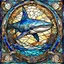 Placeholder: Art Deco style stained glass window of an iridescent Great white shark , modern stained glass design, dramatic elaborate design, hyperdetailed, 8k resolution, bright colors, blue hues, 3d liquid detailing, intricate and fluid design,