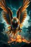 Placeholder: Create a ultra high definition and photorealistic image, 12k quality of a beautiful phoenix, majestic and strength showing, emphasis on texturized claws, upclose with a front view flying towards the camera, centre of an explosive and chaotic background scene of Armageddon where he is followed by demon like dark clouds in persuit trying to grab him, phoenix has striking eyes and determined look, majestic wings folded inwards in flight, bright auburn, black, white, grey and yellow colours, gothic