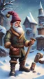 Placeholder: postcard portrait of bard post man sexy gnome woman with old boots, sledge hammer and chissel in the snow garden holding a tower fortification, magazine cover illustration with oil paint and spray paint, signed, bokeh like, down-light, unreal engine, prize winning