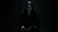 Placeholder: A solitary woman sitting alone in an endless void of million dimensions of darkness, pale skin, large hollow dark eyes with deep shadows around, wearing tattered black robes, empty expression, staring into nothingness. Only vertical dim light surrounds her. Absolute loneliness, emotional emptiness, existential despair, abandonment, silence, vast darkness consuming everything beyond the light. No other people, no eyes, no silhouettes, pain, empty soul, surreal, thriller, cinematic