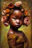 Placeholder: an abstract painting of rusted metal and flowers, african baby portrait, rust, scaffolding, iron cladding, decay, mixed media, textured, anatomically correct, beautiful perfect face, sharp focus, highly detailed