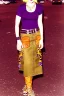 Placeholder: year 1996 denim fashion. Loose skirt, low waist. Combat pants and t-shirt. Colors: denim blue, blue, purple, cream, khaki, light green, lilac, plum, orange, terracotta, red, light yellow, pink, dark blue, beige. Latex in small part. Cheetah pattern. Gwen Stephani, Shirley Manson.Cargo pants