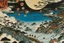Placeholder: A black warped chaotic realm in the planet filled sky painted by Utagawa Hiroshige