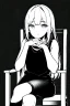 Placeholder: blonde girl speaks sitting on a chair, grayscale