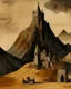 Placeholder: A brown mountain with a fortress designed in Heidrun manuscripts painted by Lyonel Charles Feininger