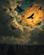 Placeholder: Bosch painting style, nightmare , people suffering in hell , dramatic, great quality picture with cinematic scenes , show only heavy clouds in the background, many dead bodies like stars in the sky , children’s and black birds fill the backgrounds birds are taking the humans in the sky