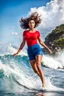 Placeholder: beautiful girl supper model, in nice red top ,blue short pants, with curvy hair,perfect face,perfect eyes,Surfing in huge wave,water with splash,seaside wavy sea ,blue sky nice clouds ,rocky shore