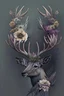 Placeholder: Drawing of stag head with horns made of flowers, muted colors, flowers and insects, minimalistic, realistic, dark background