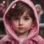 Placeholder: Painting of a little girl with big hazel eyes and short brown hair with a pink jacket and heart earrings, 2 years old, adorable eyes, cute face, oil pastel, oil pastel painting, oil painting, painting style, light colors, blurry background