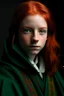 Placeholder: A girl with red hair and green eyes and she is wearing a Hogwarts robe