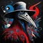 Placeholder: Surreal abstract composition by Rex Ray: sinister plague doctor dissociated; red, midnight_blue, white, and black color scheme, black background